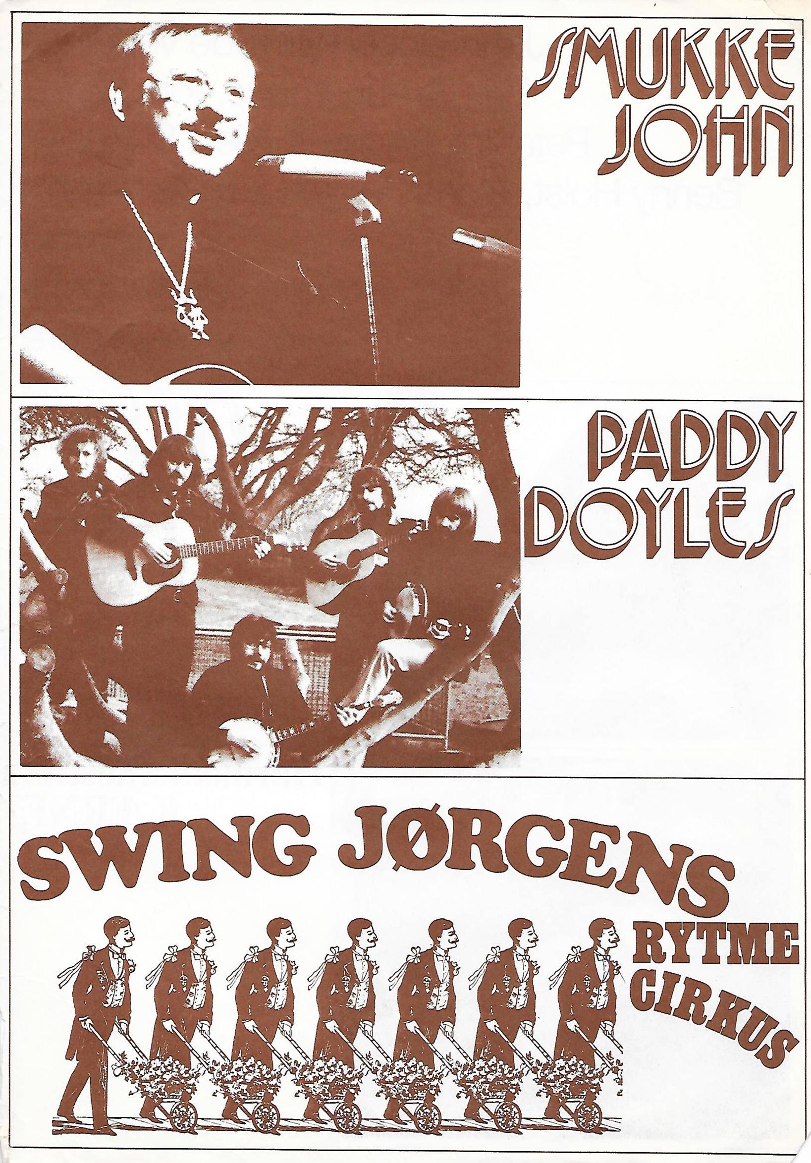 Plakat med Smukke John, PD og Swing Jørgens Rytmecirkus.