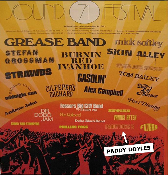 Plakaten for den første Roskildefestival, som på det tidspunkt hed Sound Festival. Paddy Doyles står nederst til højre. 1971.