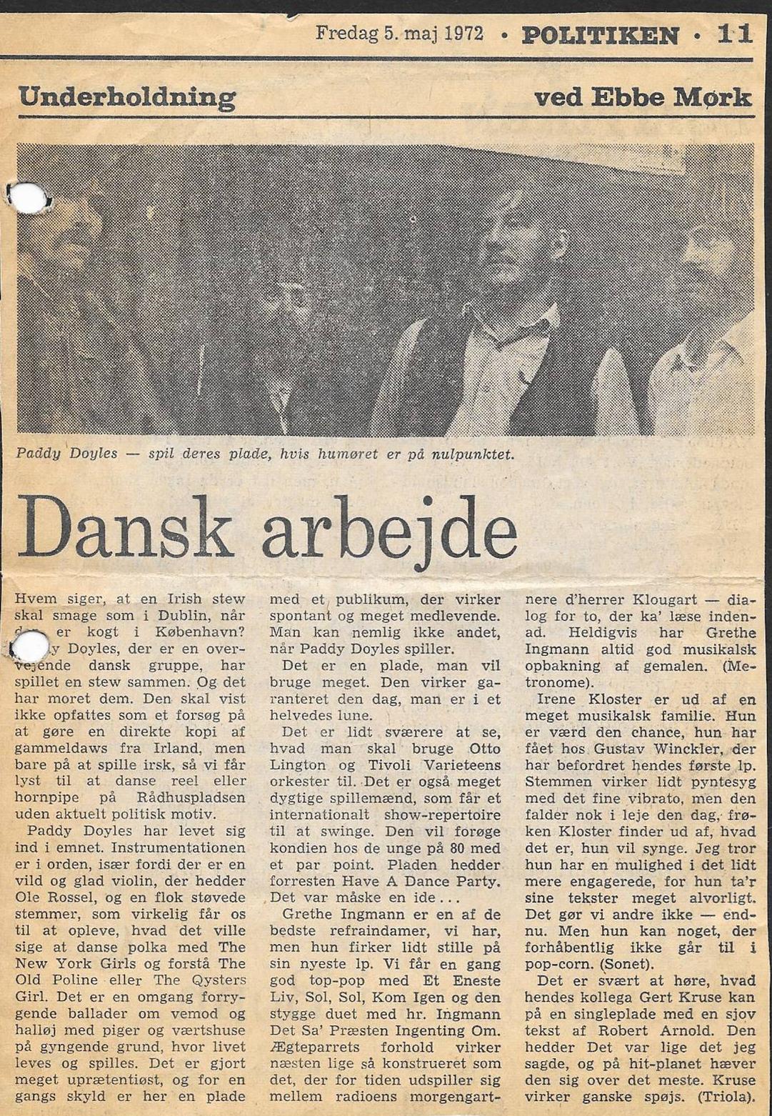 Anmeldelse i Politiken. 1972.